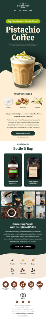 Christopher Bean Coffee pistachio flavor-drop email campaign
