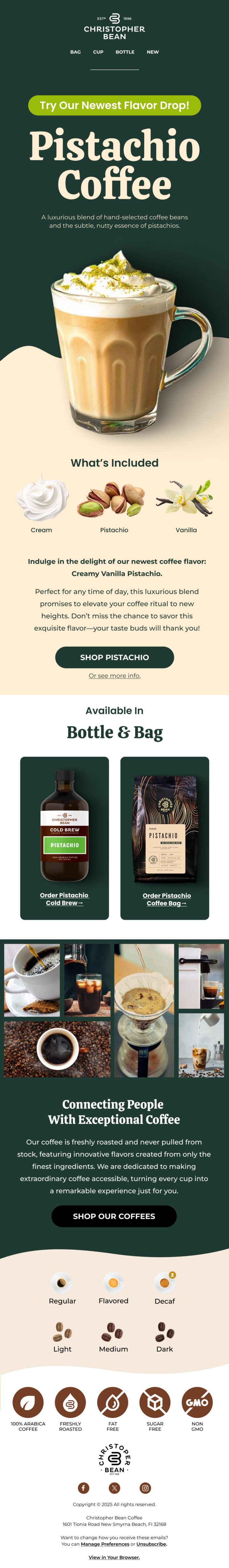Complete Christopher Bean Pistachio Coffee flavor-drop email campaign