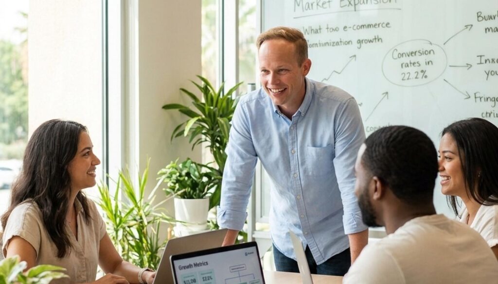 Ecommerce team reviewing growth metrics and conversion data during a strategy meeting