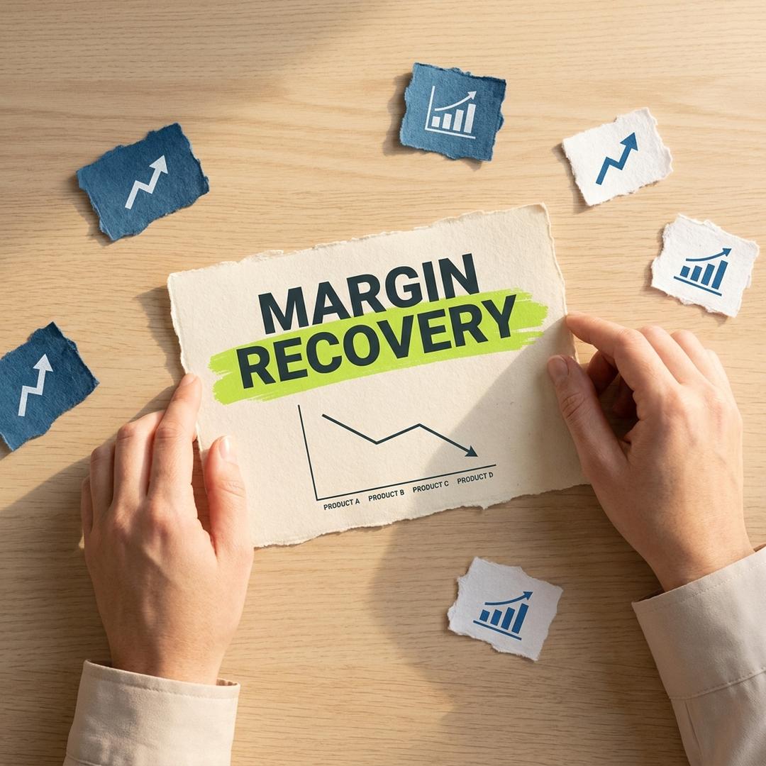 Hands holding a margin recovery chart surrounded by upward-trending performance icons