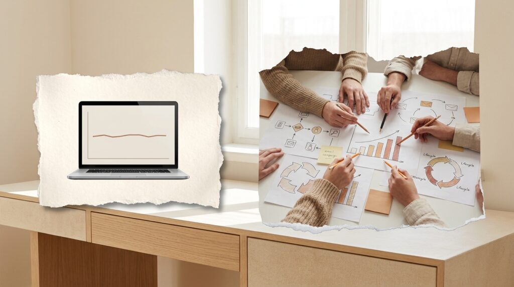 Flat sales chart beside a team mapping a customer retention strategy
