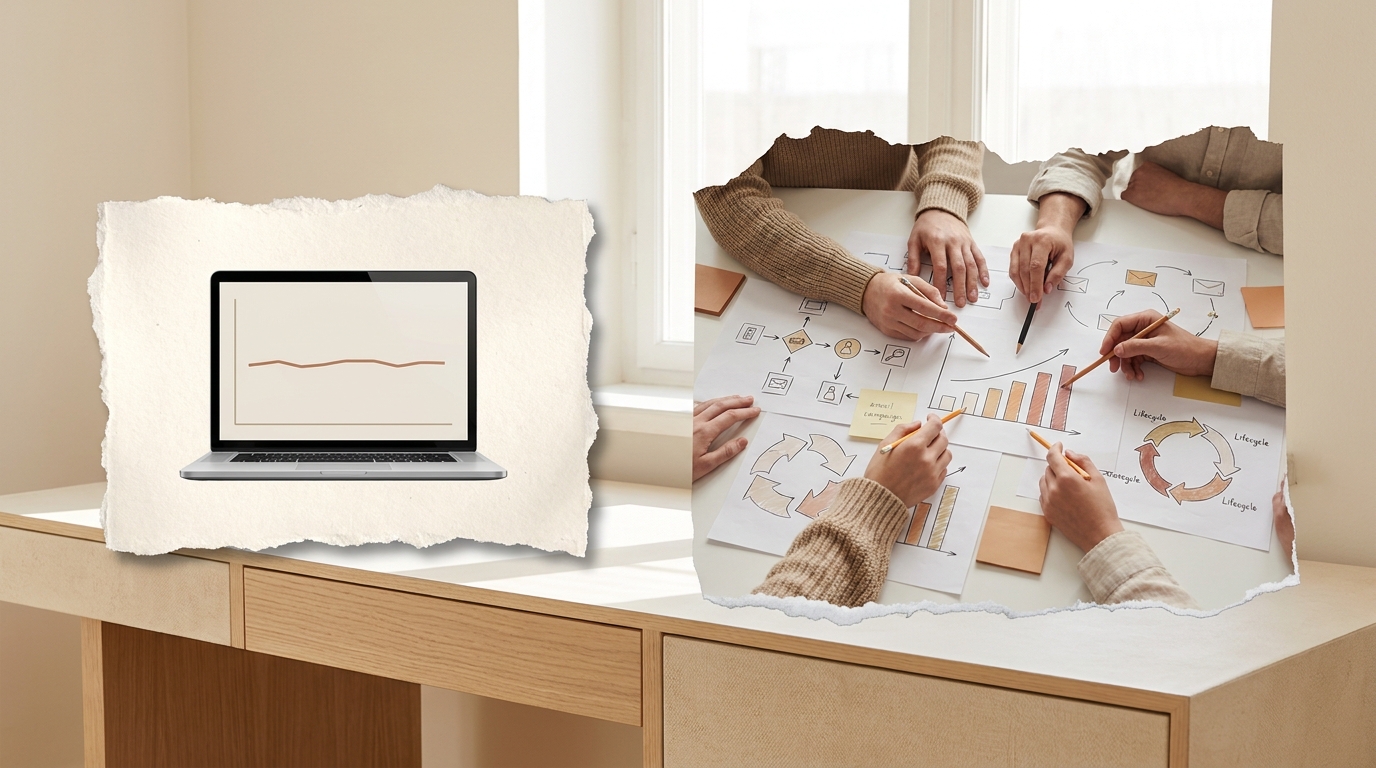 Flat sales chart beside a team mapping a customer retention strategy
